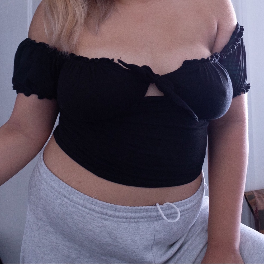 Fashionnova Black Shoulder Front Tie Crop Top